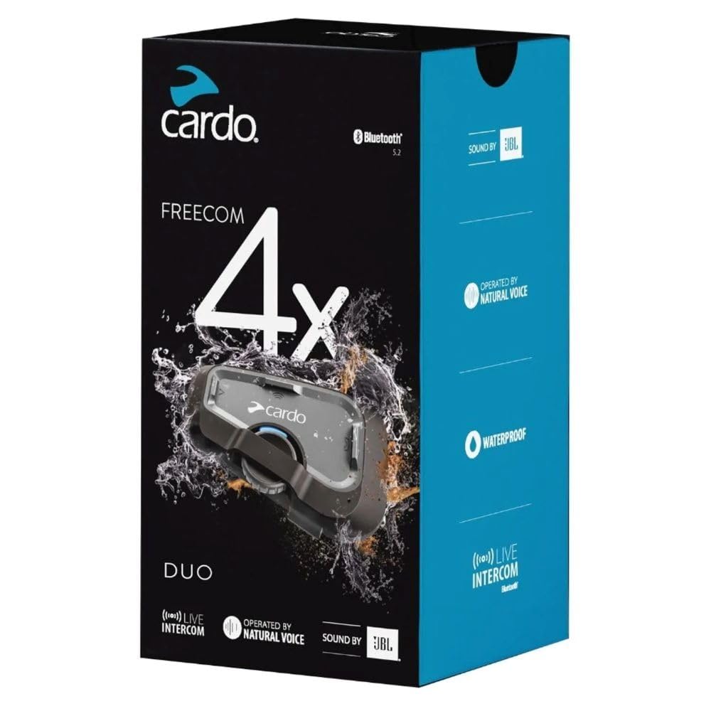 Cardo Freecom 4X dual-pack packaging for rider and passenger.