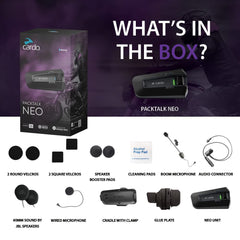 Cardo Packtalk Neo 1.6 km range for group conversations.