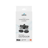 Cardo Packtalk Outdoor intercom setup shows easy pairing and group communication up to 1 km.
