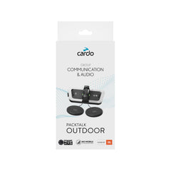 Cardo Packtalk Outdoor intercom setup shows easy pairing and group communication up to 1 km.