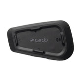Cardo Spirit headset front view with slim 32mm speakers for discreet riding audio.