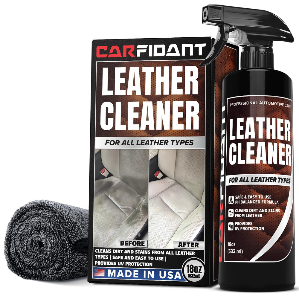 Carfidant Leather Cleaner bottle and towel for easy application