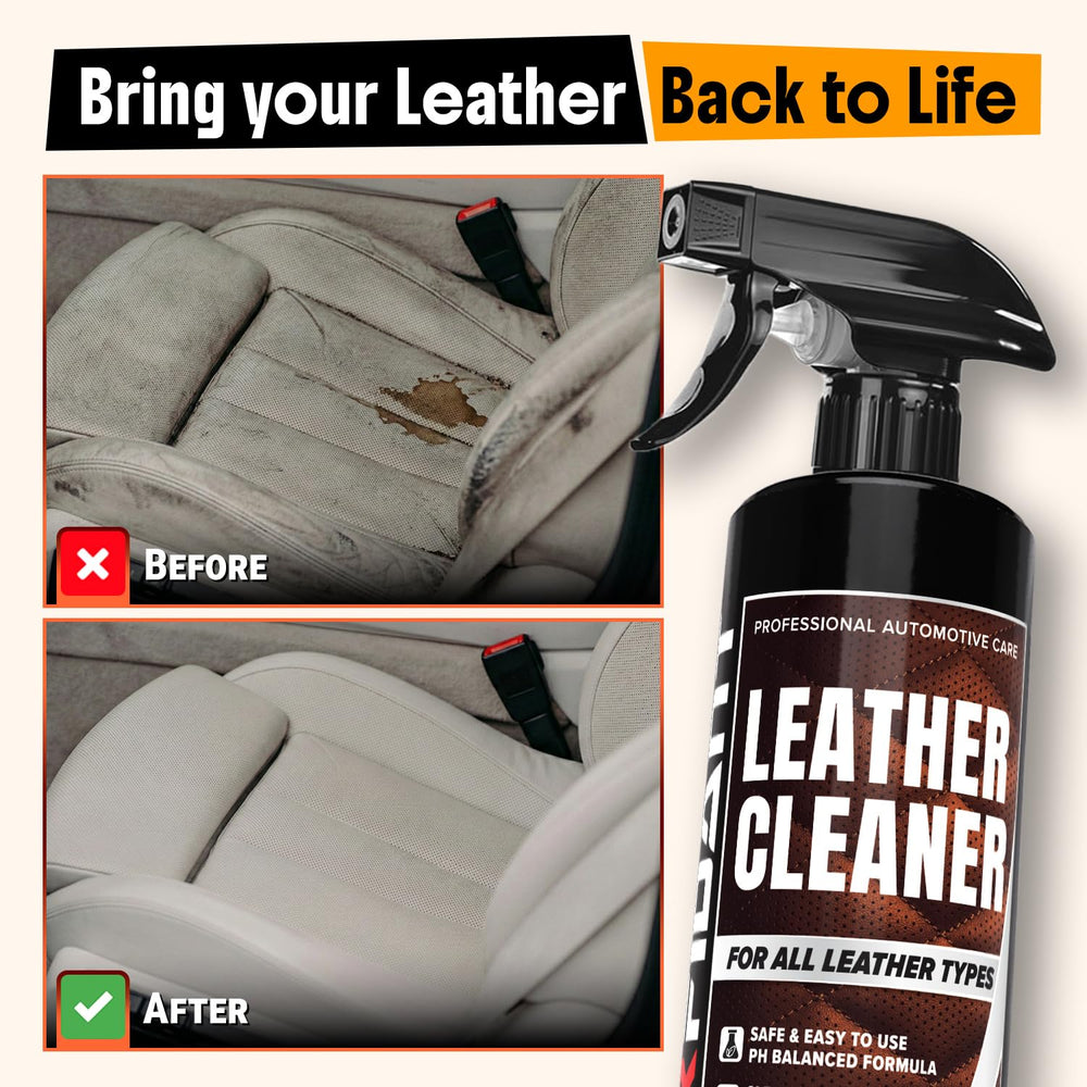 Carfidant leather cleaner kit components arranged for simple car and home upkeep.