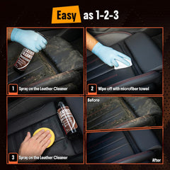 Carfidant leather seat cleaning action reveals dirt removal without harming surface finish.