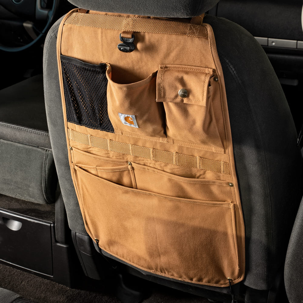 Carhartt seat back organizer seat protection guards upholstery from scuffs.