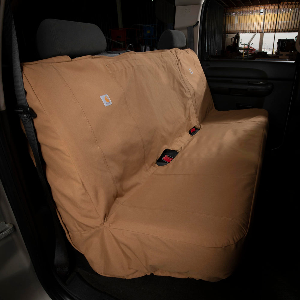 Carhartt Universal Nylon Duck Seat Cover triple needle stitch detail conveys durability.