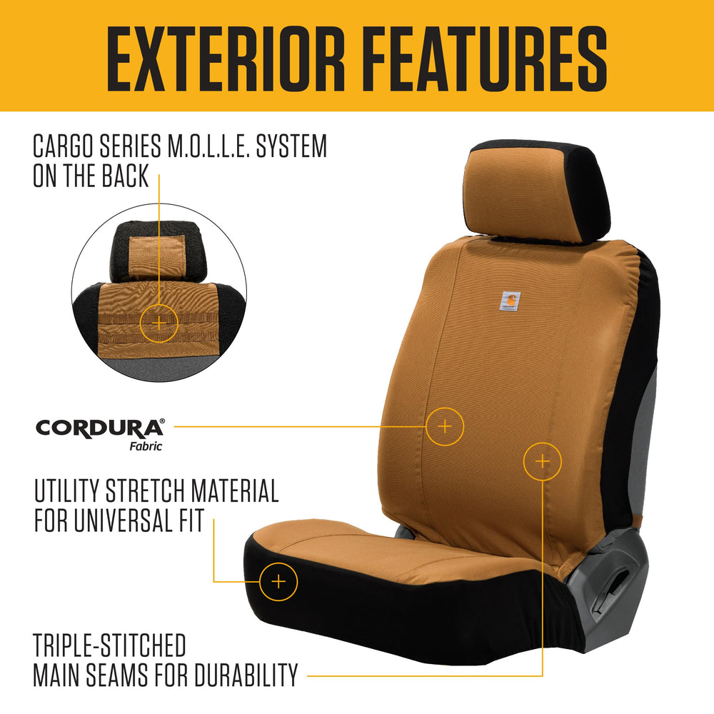 Carhartt nylon duck seat cover two-piece design enables quick headrest and seat installation.
