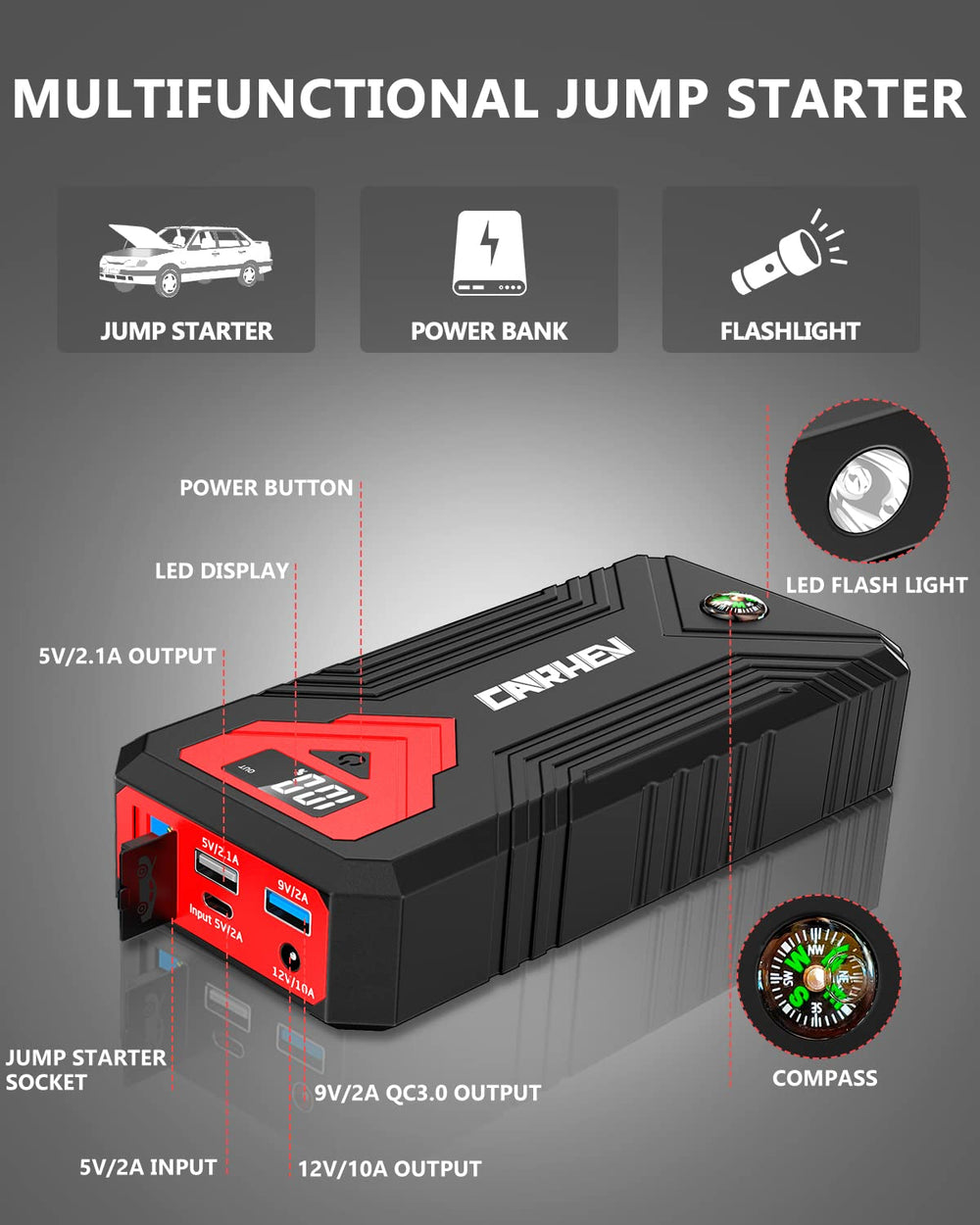 CARHEV jump starter with LED light modes illuminated at night