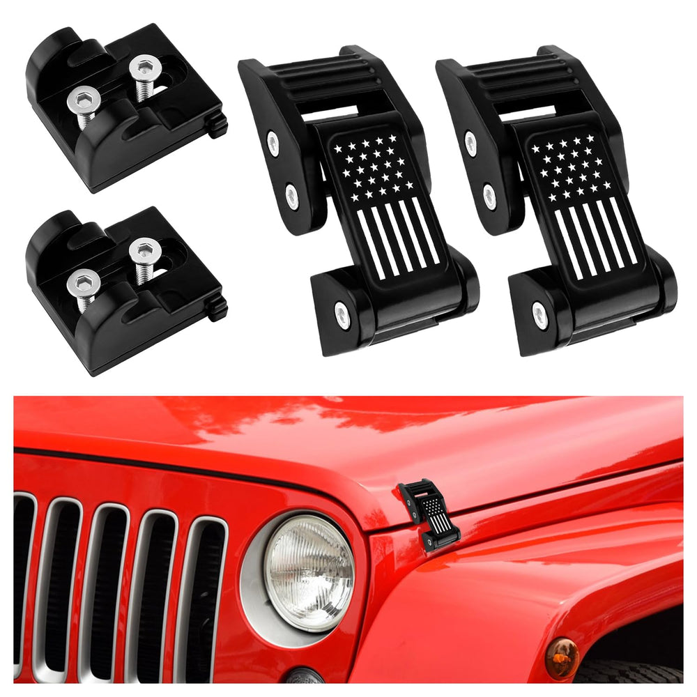 Carleef US flag hood latch aluminum close-up for Jeep Wrangler exterior durability