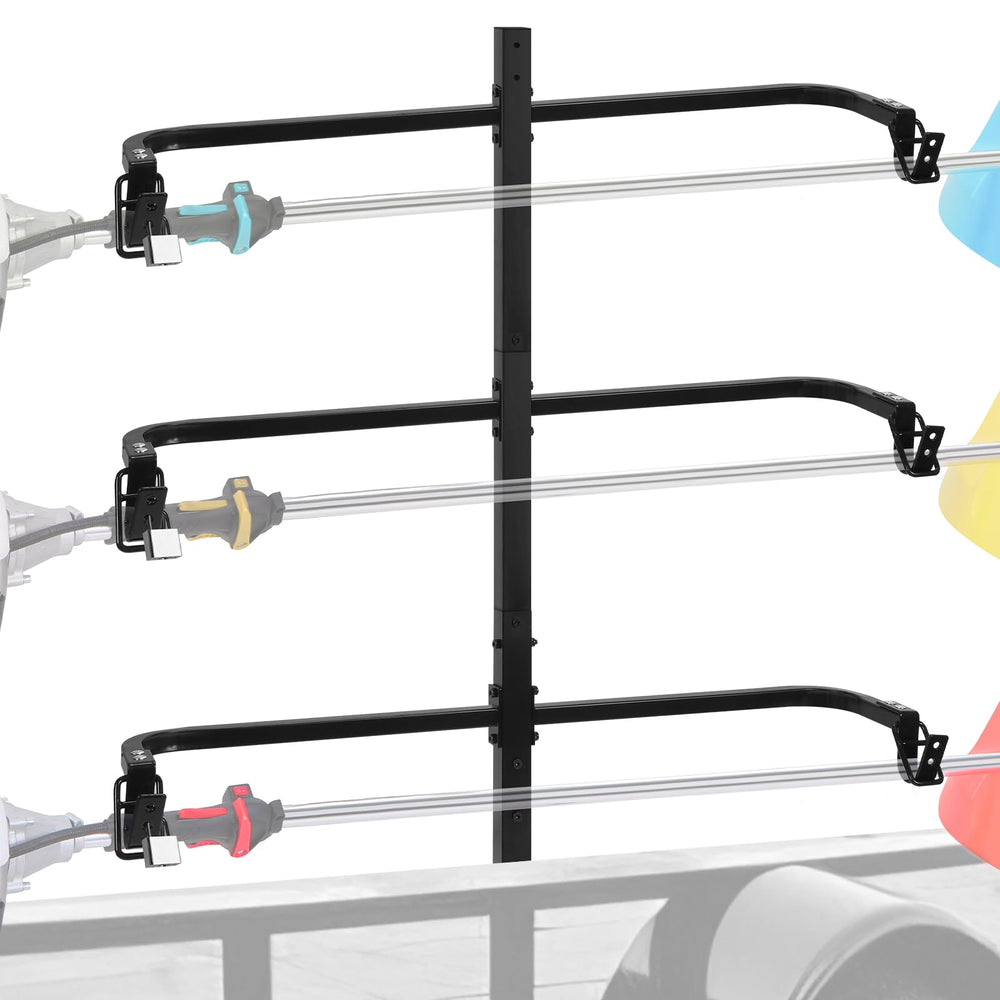 CAROD 3-place weedeater rack side view showing secure transport for tools.