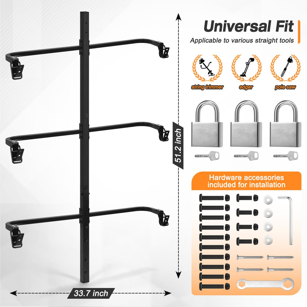 CAROD wall-mount weedeater rack keeps trimmers within easy reach.