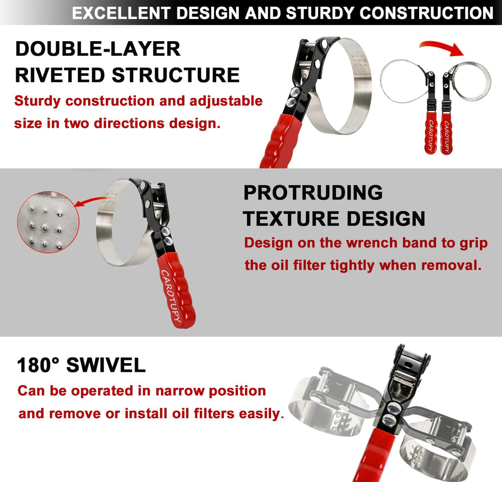 CAROTUPY oil-filter-wrench-stainless-steel-construction shows durability and corrosion resistance.