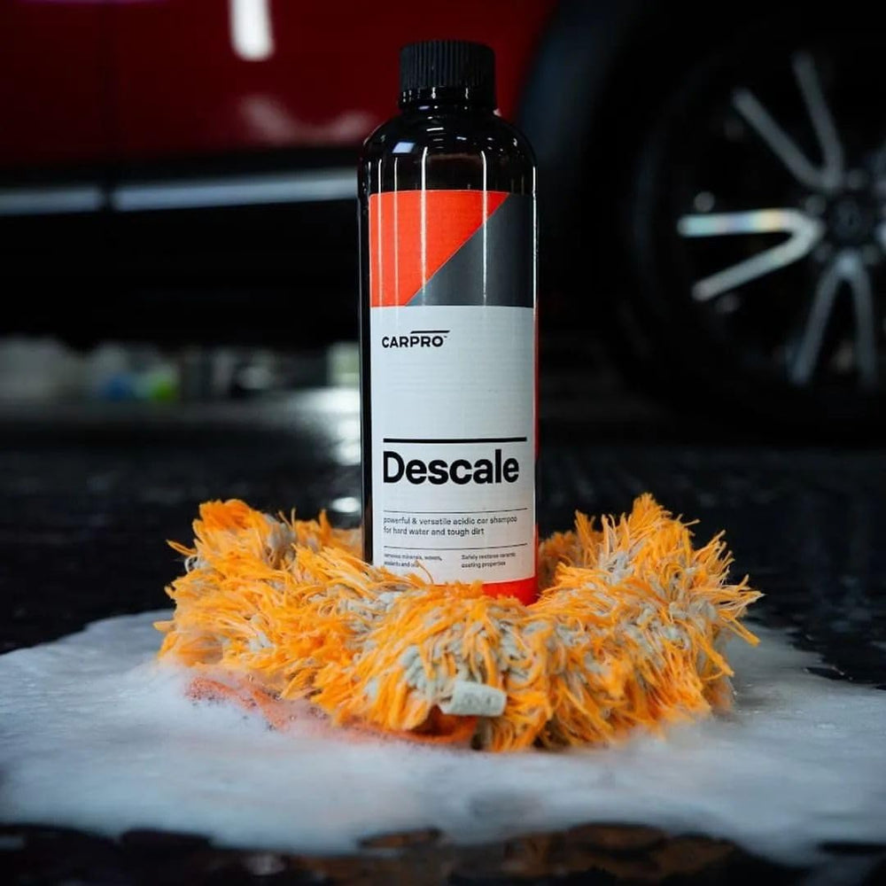 CARPRO Descale dilution guide illustrated for bucket wash