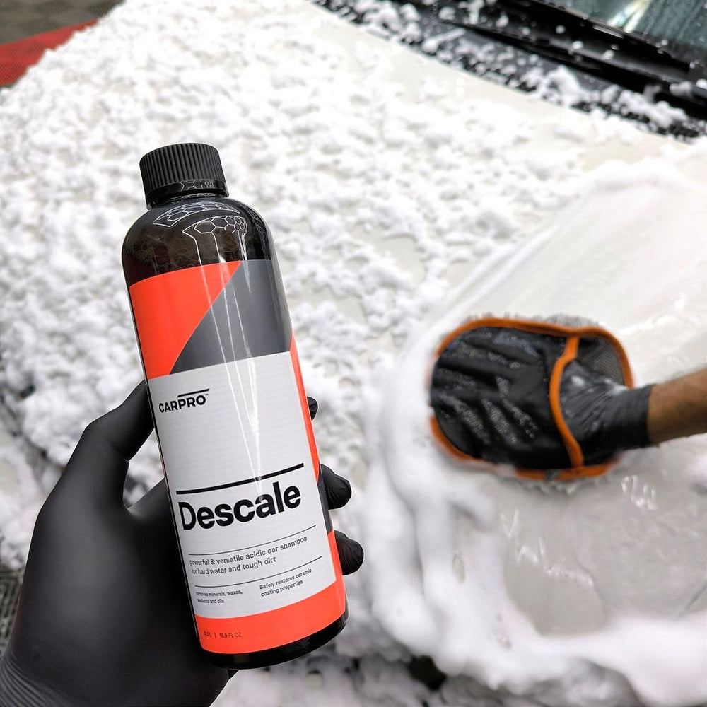 CARPRO Descale removes mineral buildup on paint to enhance gloss.