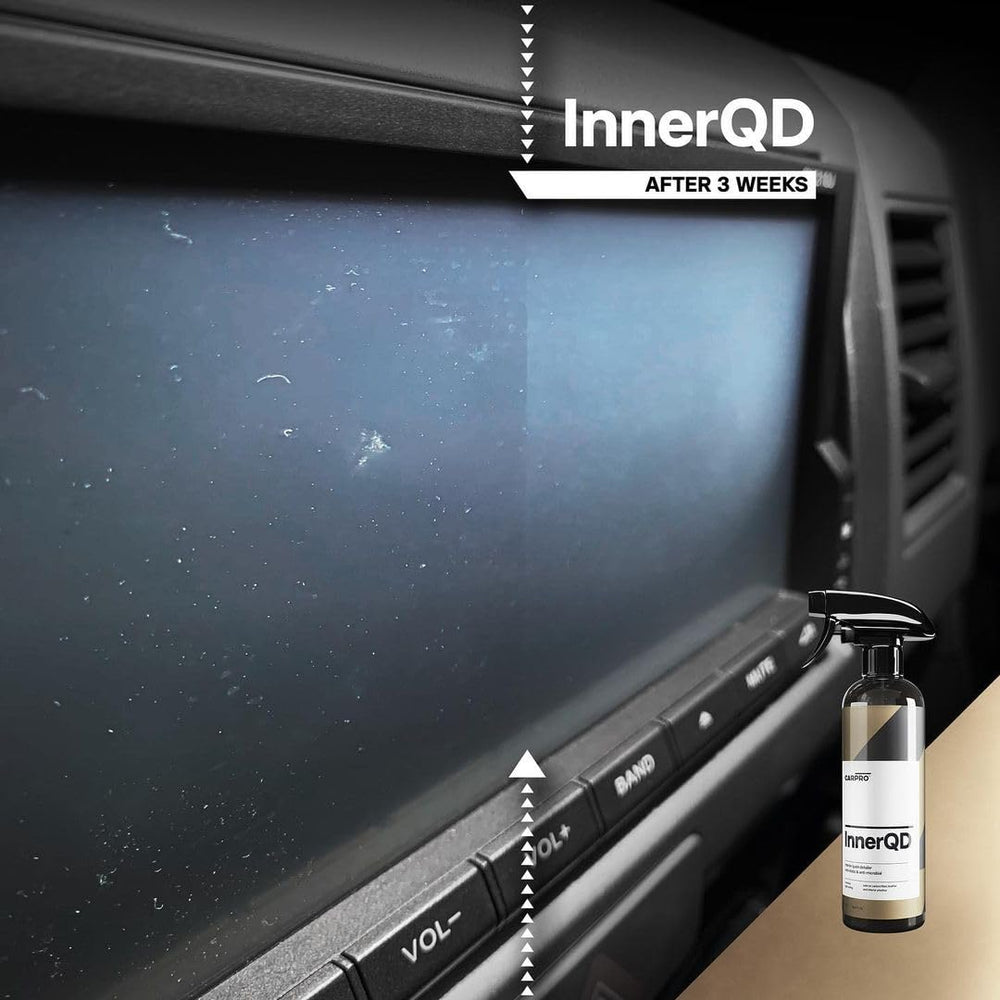 CARPRO InnerQD spray-on action demonstrates dust control on dashboard surfaces