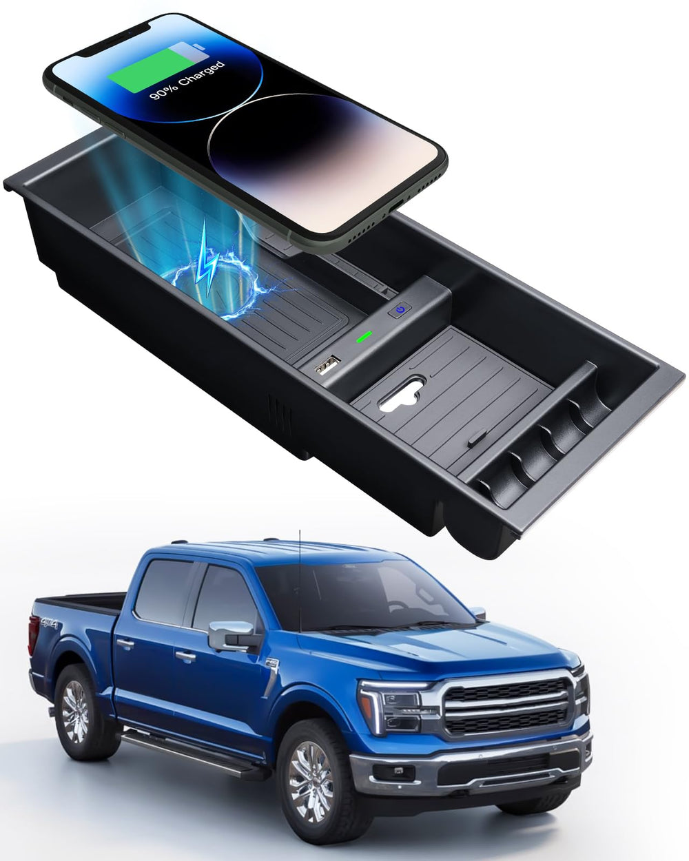 CarQiWireless Ford F-150 center console charging tray in action, keeping devices powered on long trips