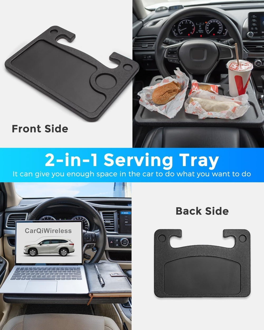 CarQiWireless steering wheel desk with laptop on the desk for mobile productivity