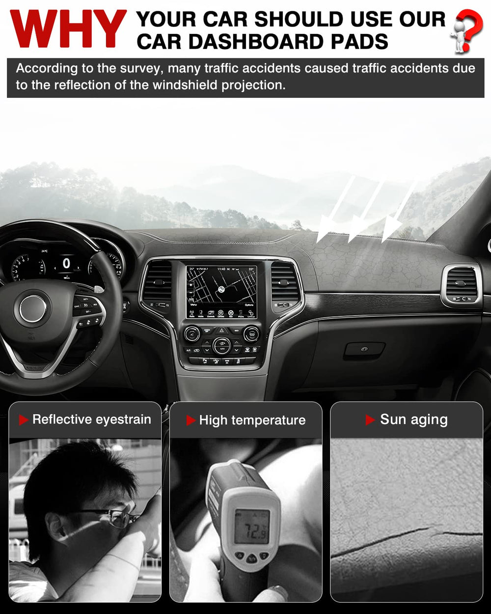 CARTIST suede dash mat on Jeep Grand Cherokee enhances interior softness and heat absorption.
