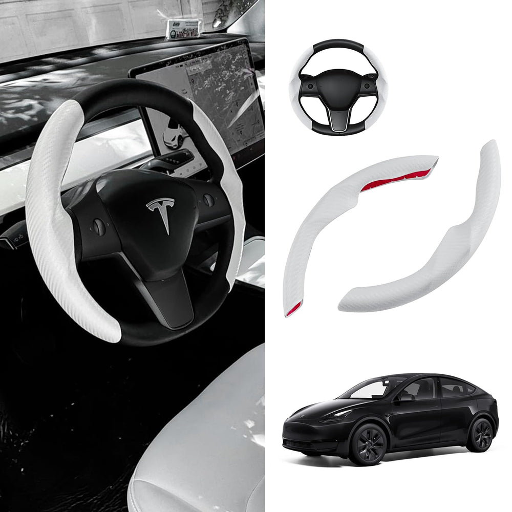 Cartist white steering wheel cover for Tesla Model 3/Y with carbon fiber texture for improved grip