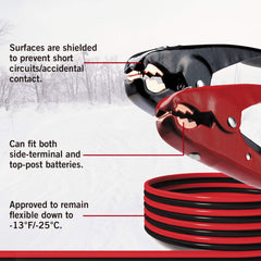 Cartman dual-connection inside tongue secures clamps for safer battery boosts.