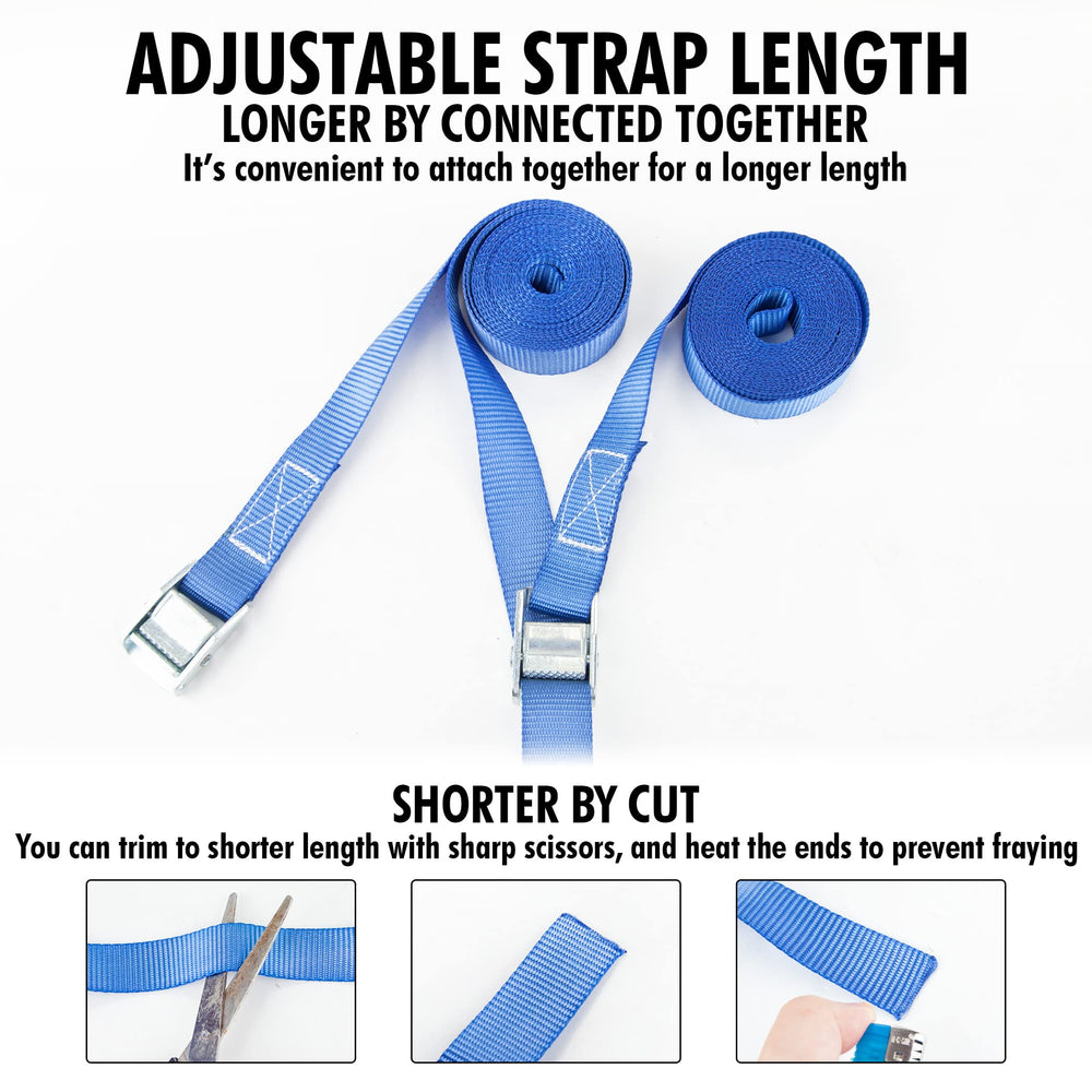 Cartman lashing strap 12ft blue being tightened by hand for quick adjustments.