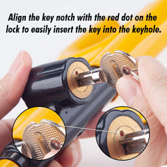 Cartman steering wheel lock demonstrates adjustable length for various wheels.
