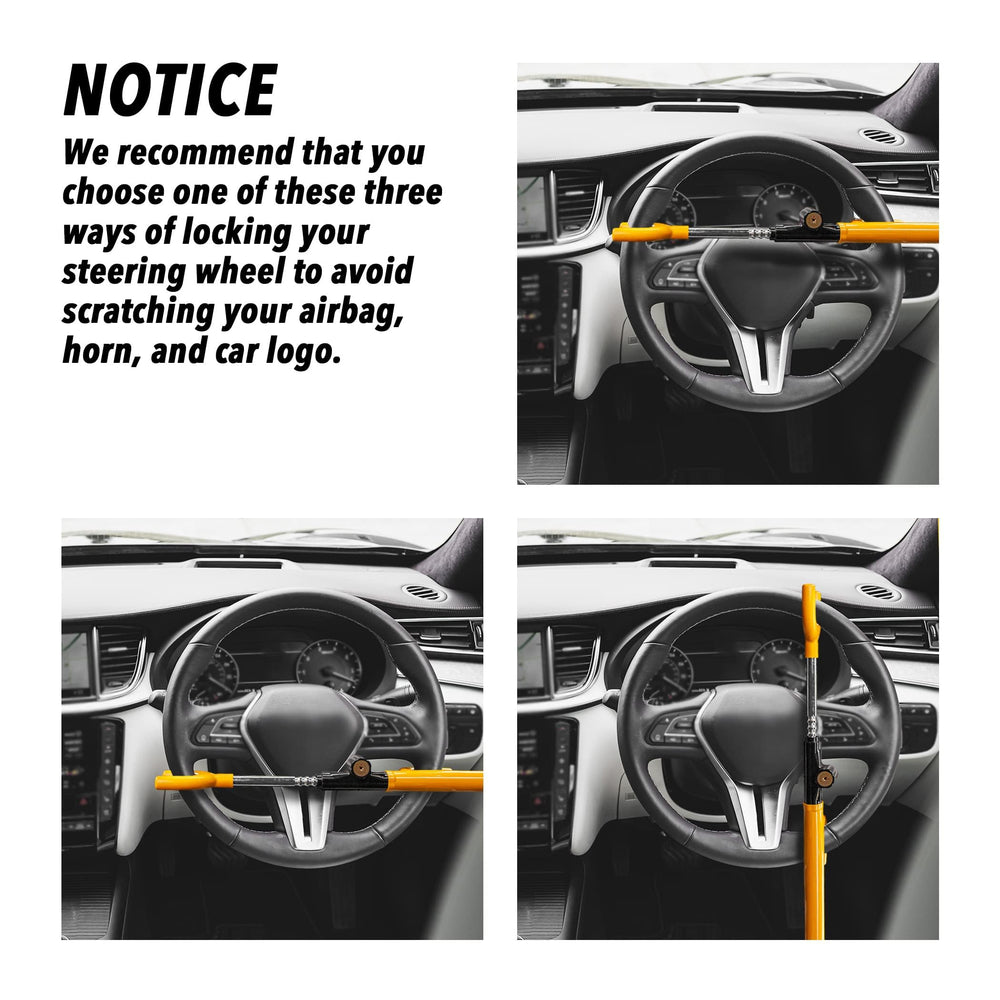 Cartman steering wheel lock highlights copper cylinder for tamper resistance.