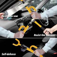 Cartman steering wheel lock viewed in a vehicle, acting as a visible deterrent.