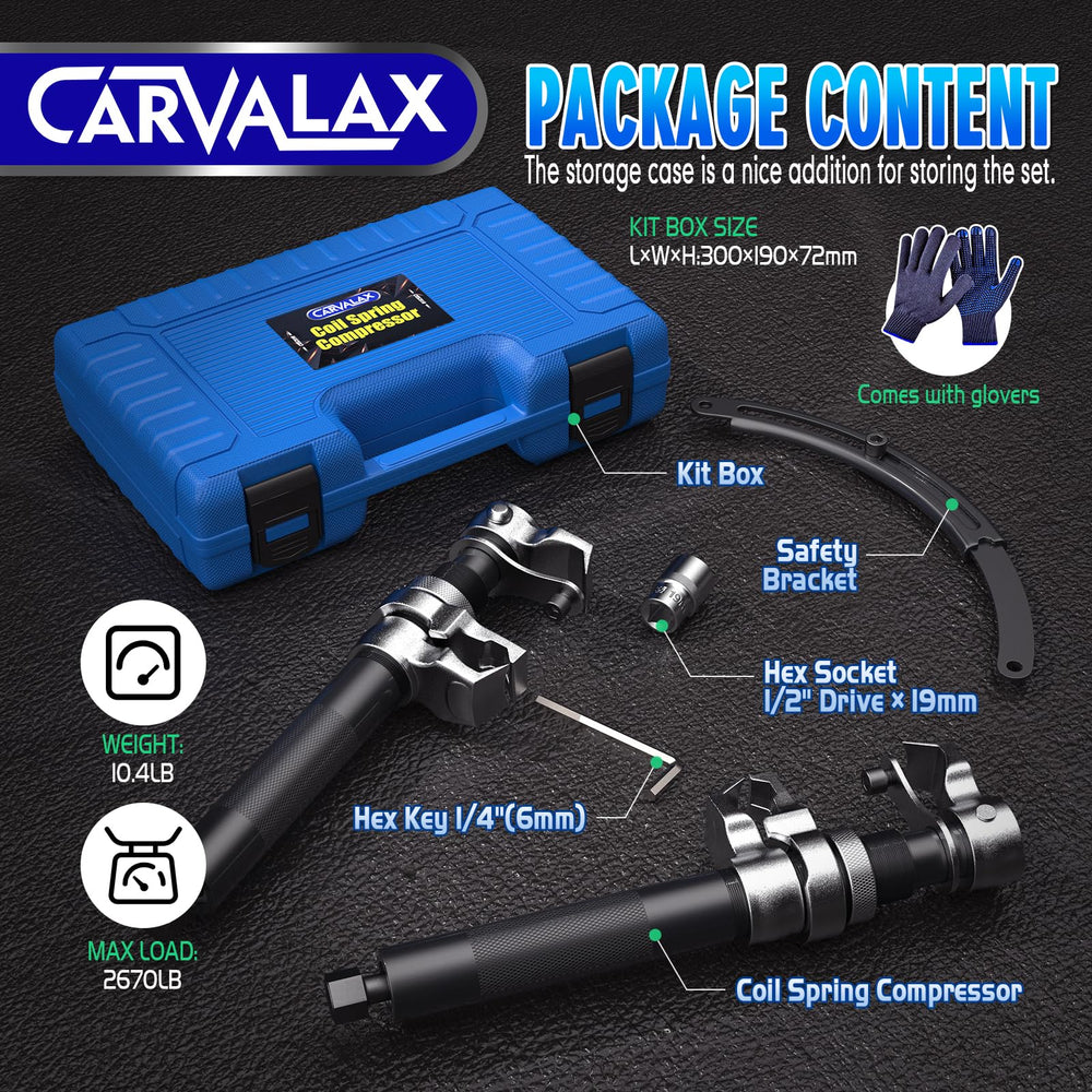 CARVALAX coil spring compressor tool with extendable safety bracket ensuring aligned, stable compression.