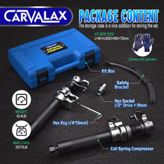 CARVALAX coil spring compressor tool with extendable safety bracket ensuring aligned, stable compression.