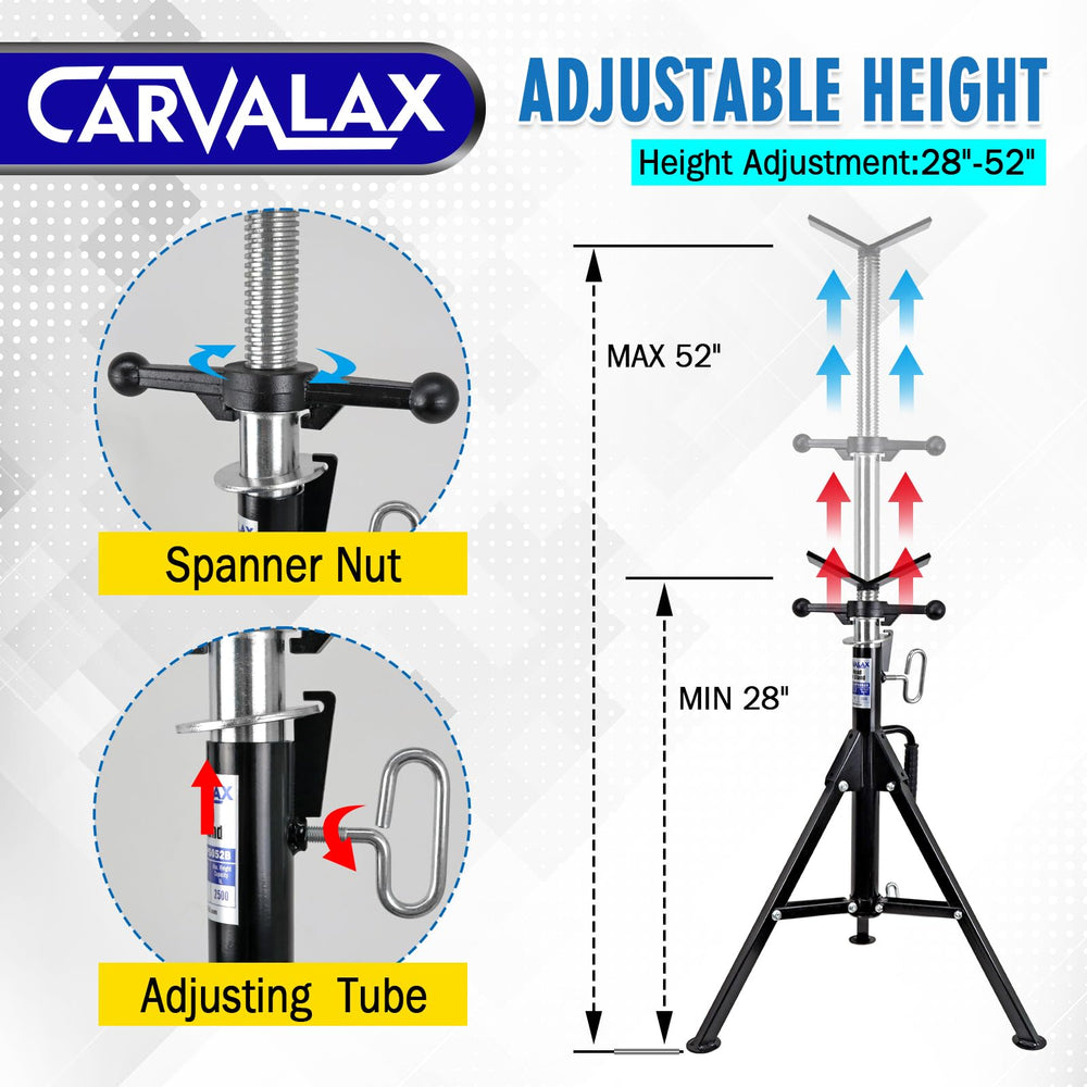 CARVALAX tripod-based jack stand offers ultra stability during operations.