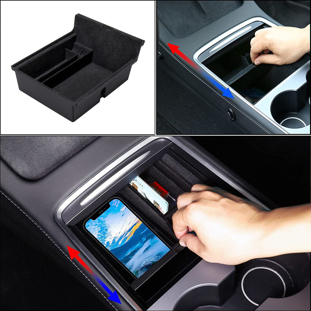 Carwiner armrest storage tray model 3 keeps essentials accessible