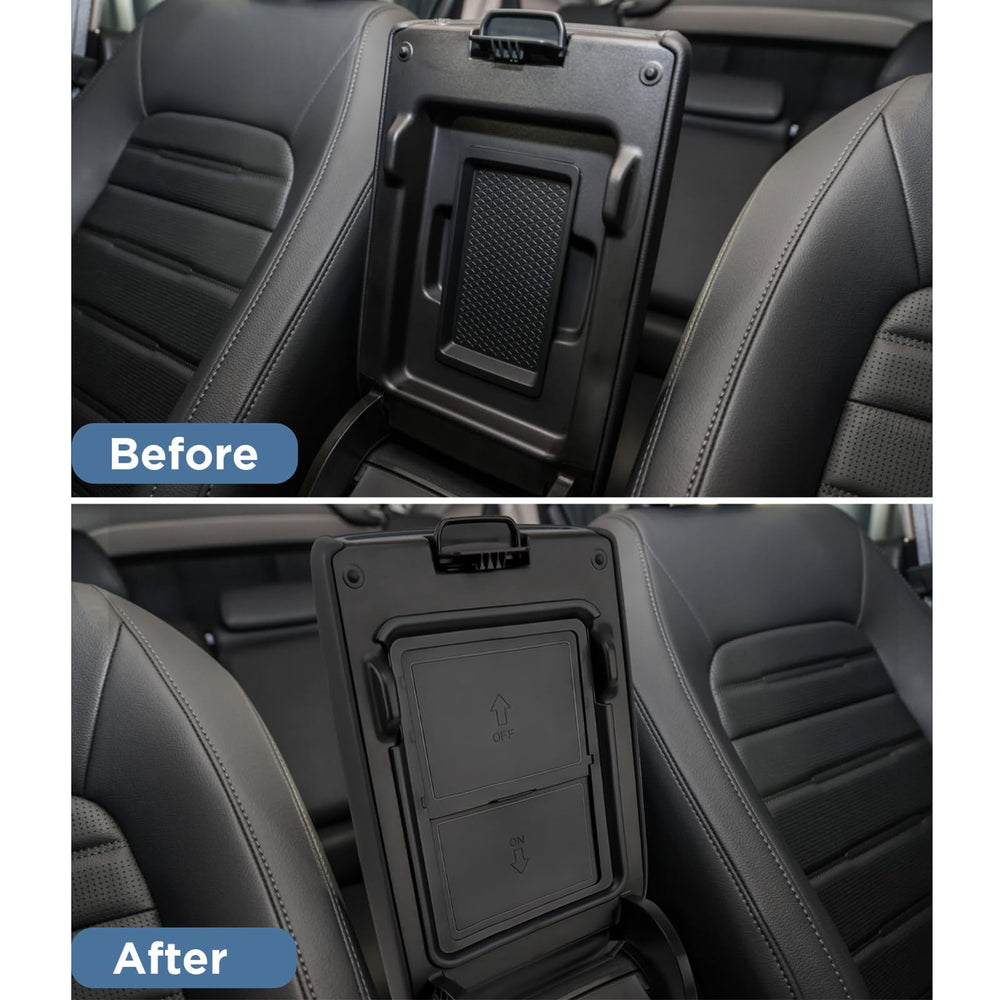 Carwiner center console secondary storage keeps cables and manuals within reach.