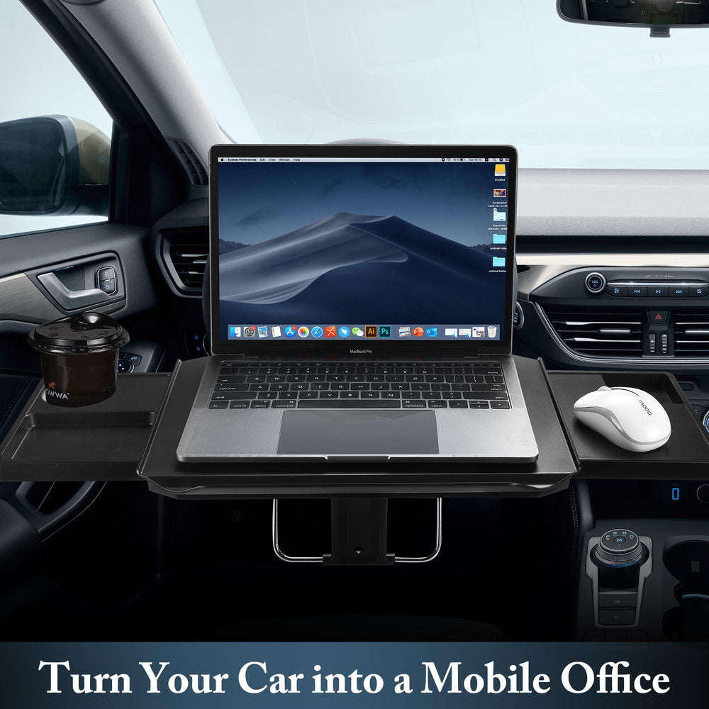 Casasara car desk with laptop setup provides a stable work surface while parked.