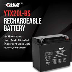 Casil YTX20L-BS battery side profile showing terminals and compact size