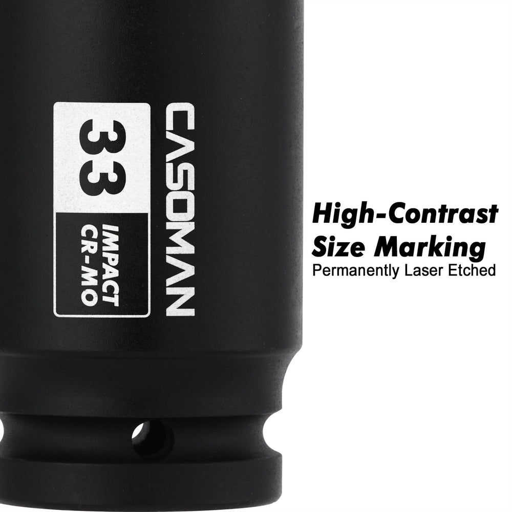 6-point CASOMAN socket grips flat sides for secure torque transfer.