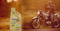 Castrol Power 1 Racing 4T oil being poured for quick engine lubrication.