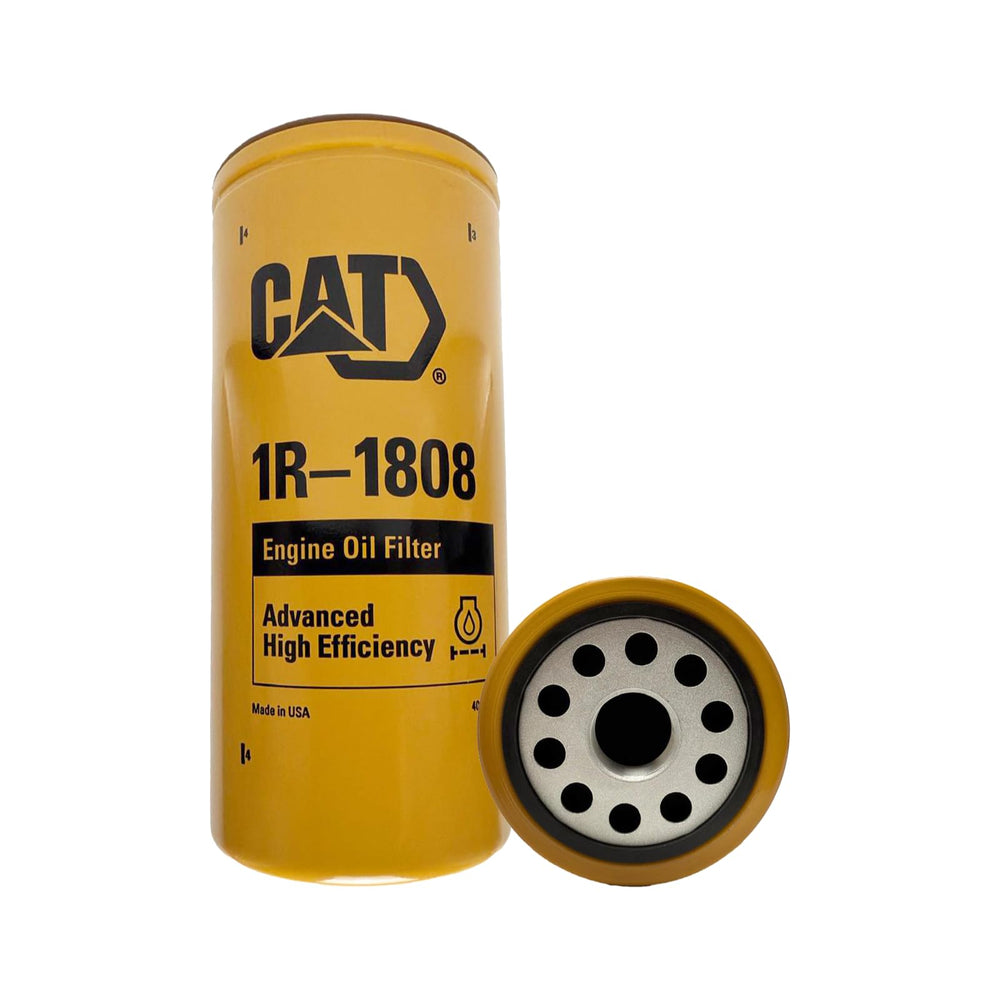 CAT 1R-1808 oil filter pack of two, side view highlighting compact spin-on design