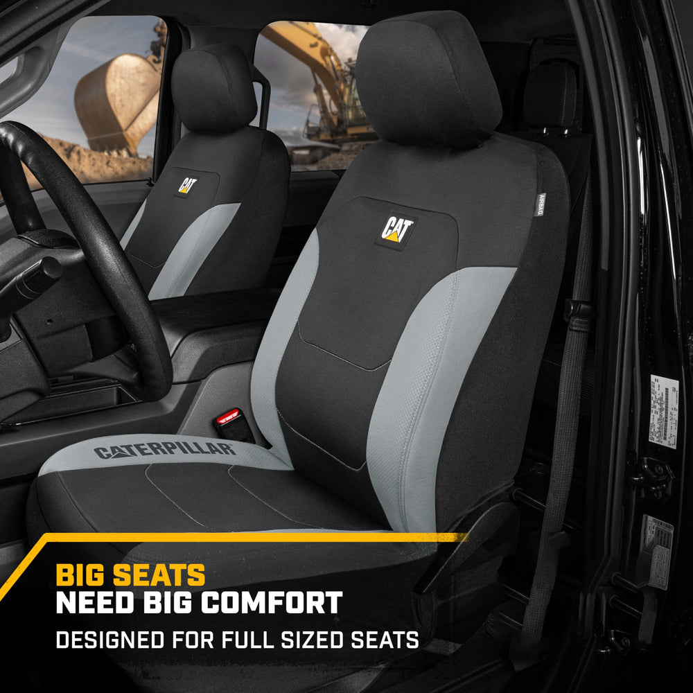 CAT Caterpillar MeshFlex front seat cover close-up stitching confirms secure fit.