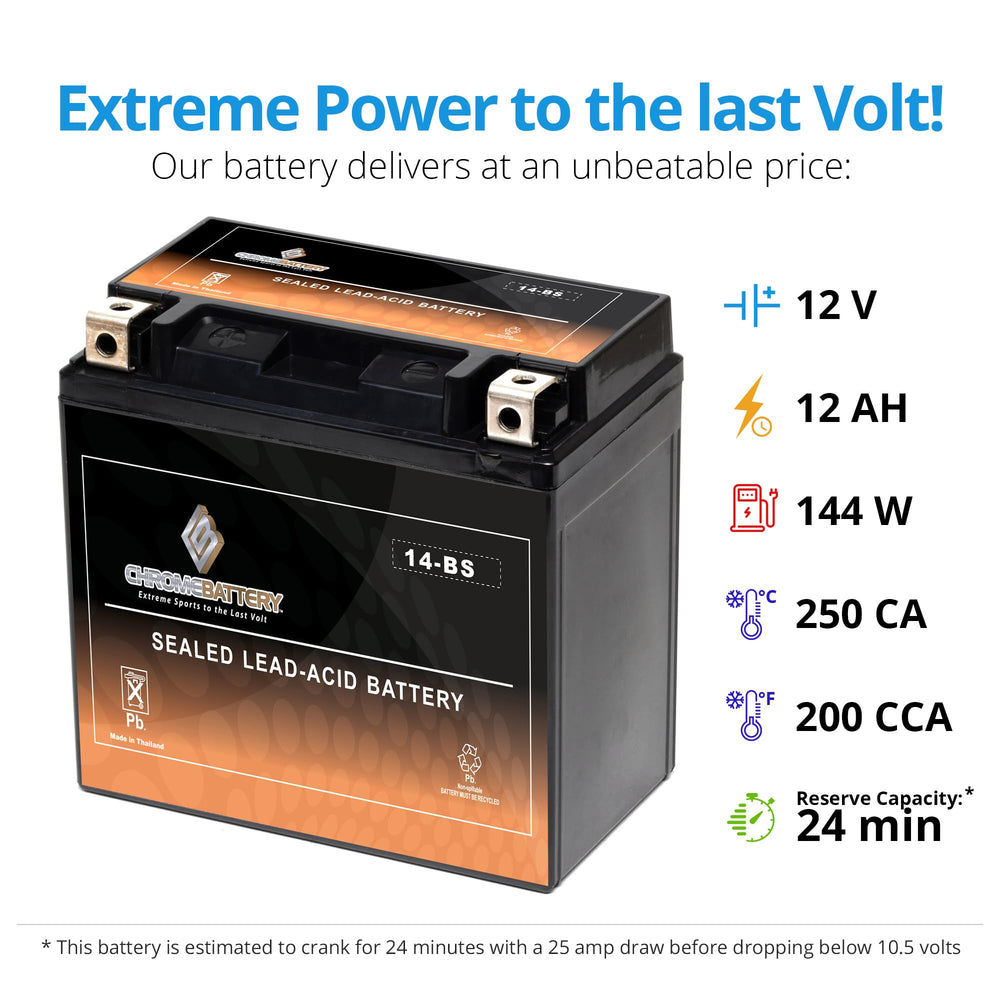 CB CHROMEBATTERY YTX14-BS top label highlighting warranty and safety standards