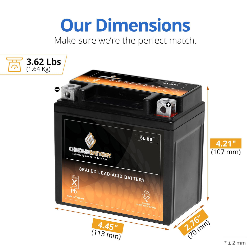 CB Chromebattery YTX5L-BS dimensions highlight compact fit for multiple bikes.