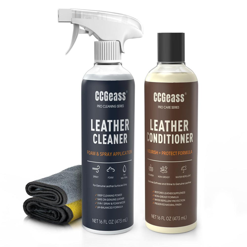 CCGeass Leather Cleaner foam bottle cleans and lifts dirt from leather surfaces.