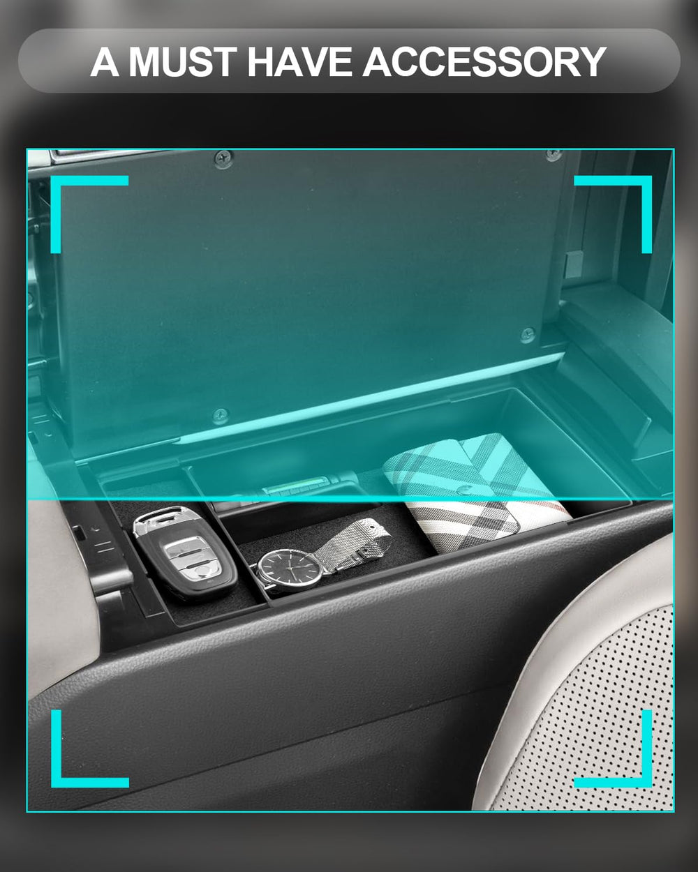 CDEFG Crown center console organizer tray installation shows tool-free setup