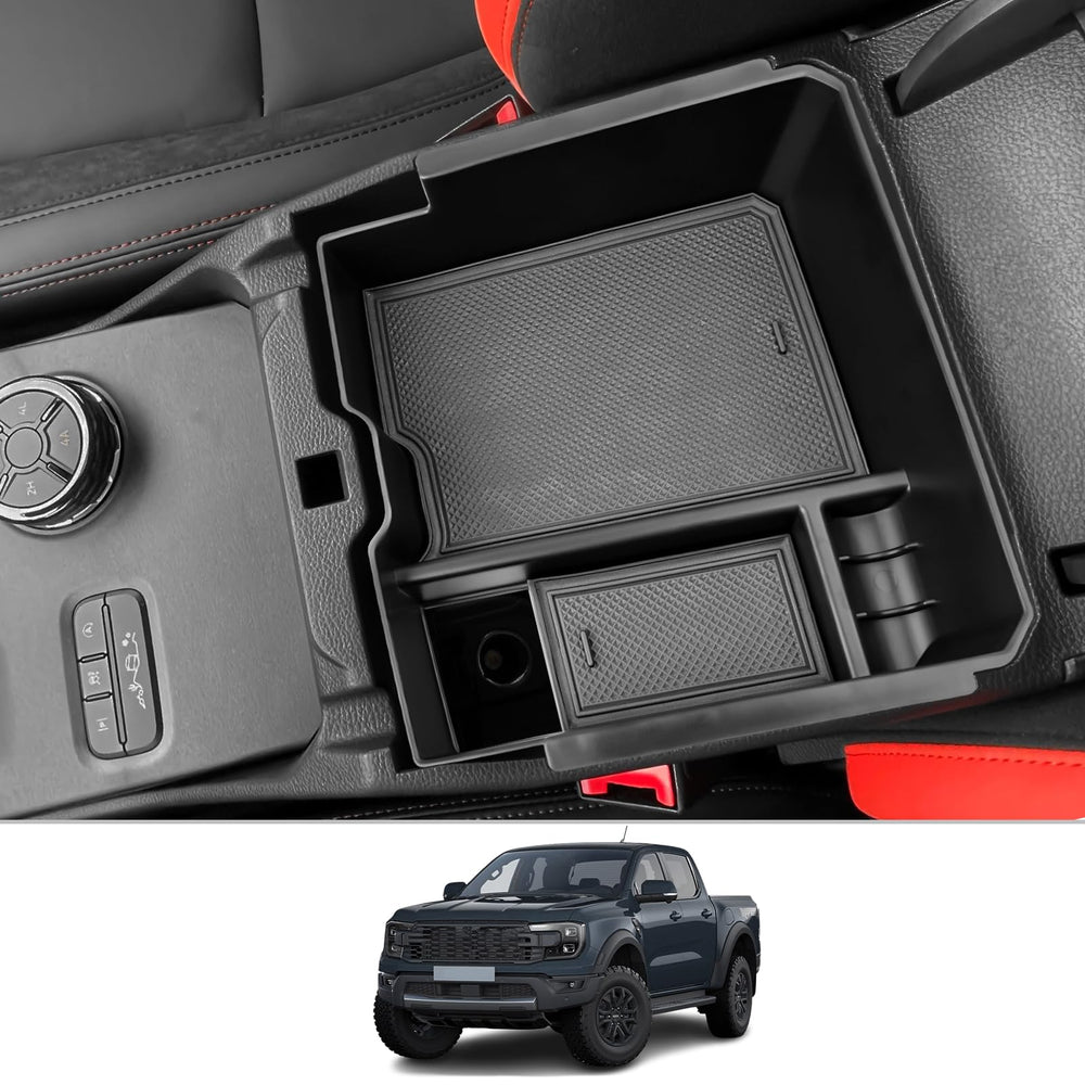 CDEFG Ranger center-console organizer tray front view shows precise fit