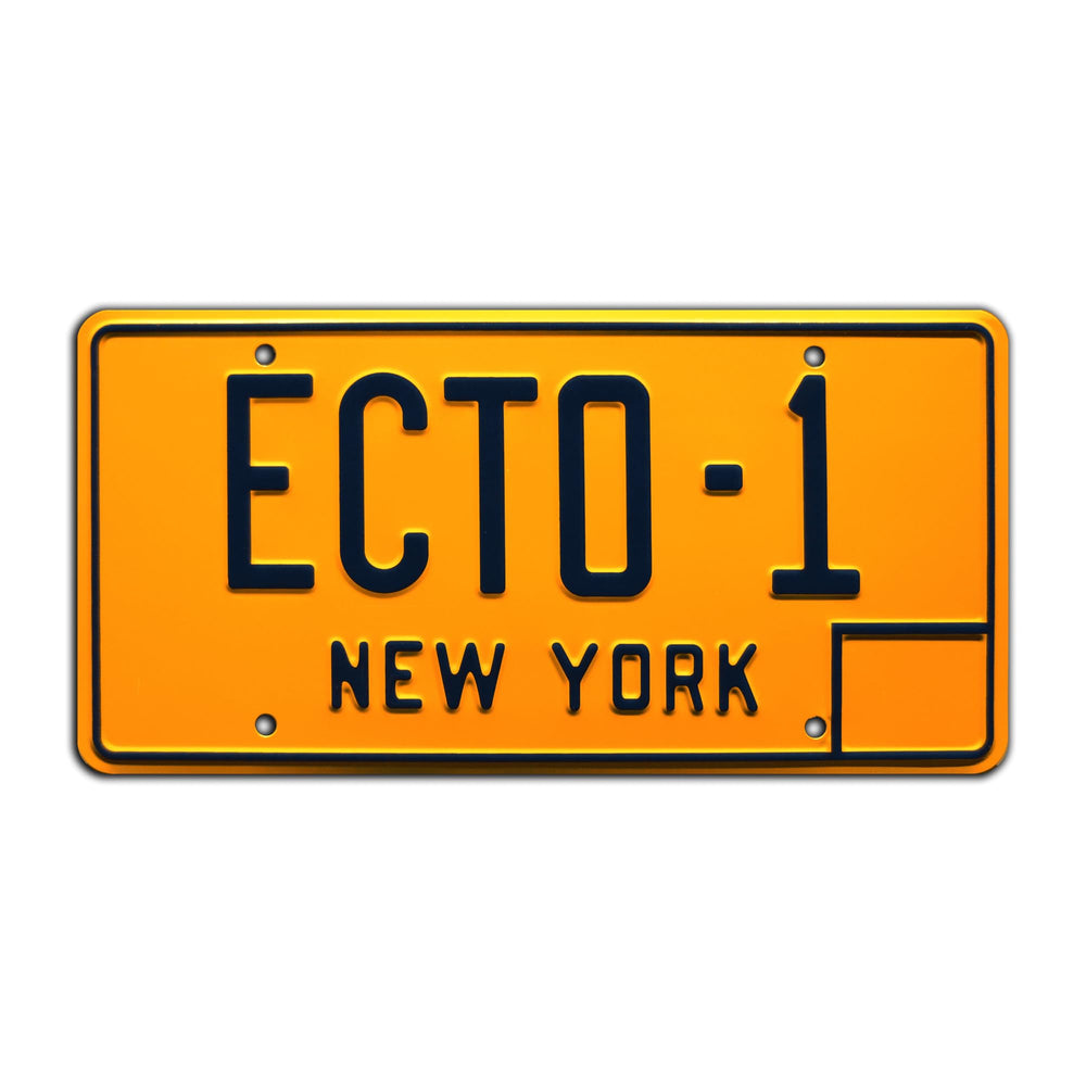 Celebrity Machines Ghostbusters ECTO-1 plate close-up shows embossed lettering and durable aluminum