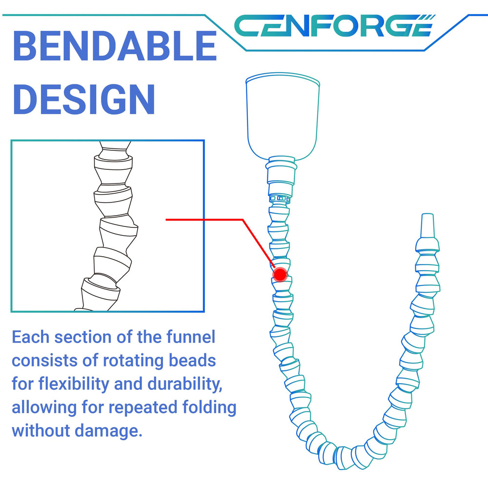 CENFORGE bendable funnel in use, holding shape for hands-free pouring