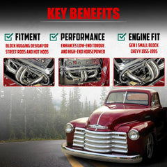 Certified Automotive Experts center-dump block hugger header Gen 1 SBC 327 tight-tuck design boosts undercarriage clearance.