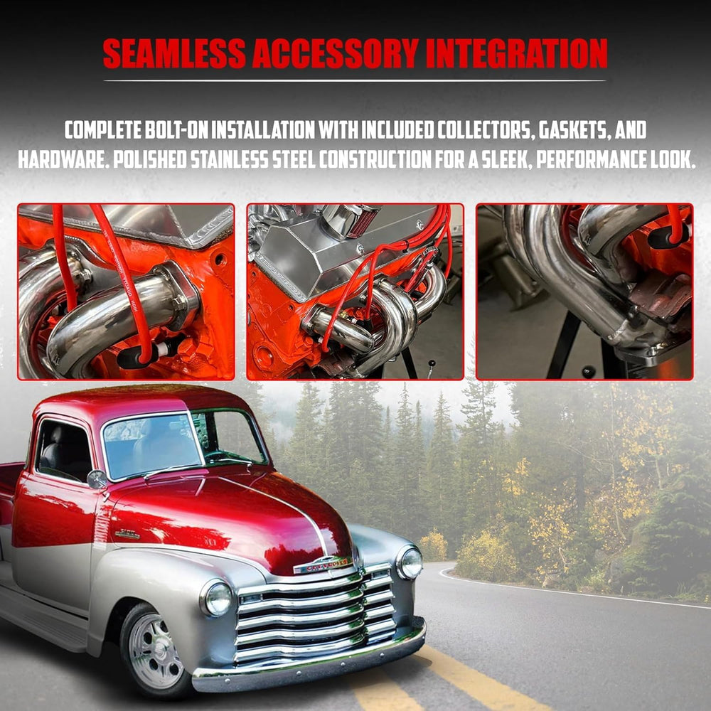 Certified Automotive Experts center-dump block hugger header Gen 1 SBC 350 3-bolt collector enables easy exhaust hookup.