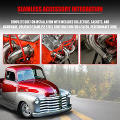Certified Automotive Experts center-dump block hugger header Gen 1 SBC 350 3-bolt collector enables easy exhaust hookup.