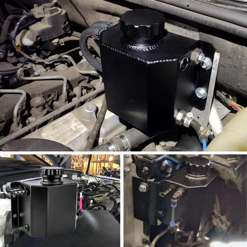 Cesilili 1L aluminum reservoir mounted under hood demonstrates universal compatibility
